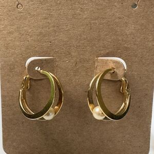 Vintage Gold Tone Double Hoops Caged Faux Pearl Pierced Earrings Omega Back
